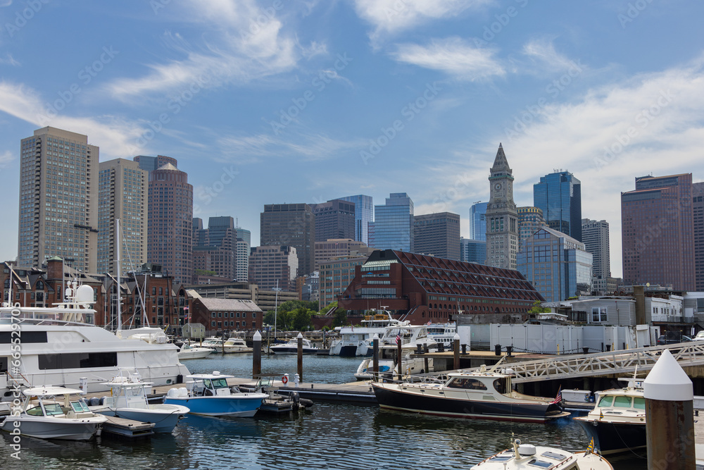 View of the harbor and city skyline of Boston, Massachusetts, USA