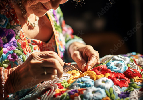 Artisan embroidering fabric with colored threads. Handmade. Traditional crafts. AI generated