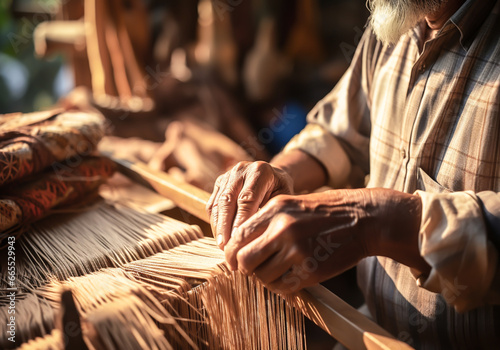 Craftsman working on a manual loom. Traditional crafts. Handmade. AI generated