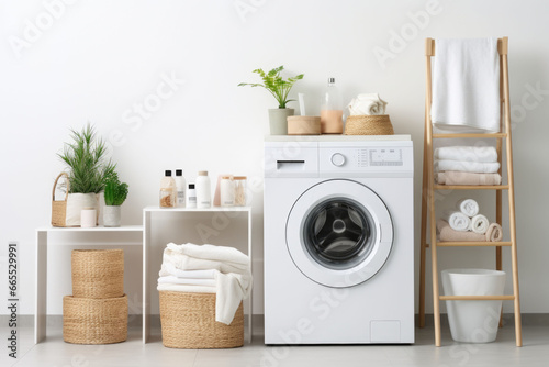 Interior of home laundry room with modern washing machine. Generative AI