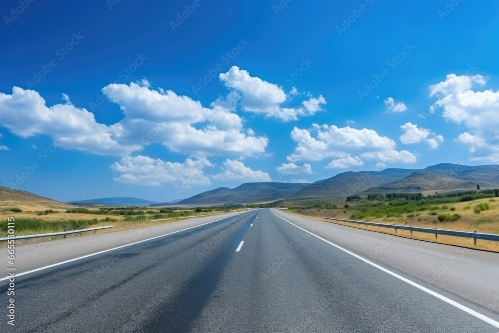 Highway and a blue sky. Asphalt road and beautiful countryside landscape. AI generated