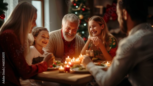 A family holiday on Christmas Eve  a joyful idyll and happy smiles at the table in a cozy festive atmosphere