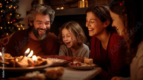 A family holiday on Christmas Eve  a joyful idyll and happy smiles at the table in a cozy festive atmosphere