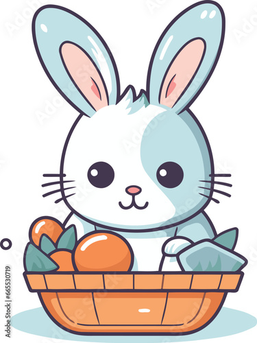 Cute easter bunny with basket of eggs. Vector illustration.