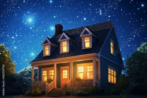 house with lit windows under starry night. Generative AI