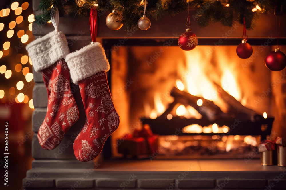 christmas stocking on fireplace - obrazy, fototapety, plakaty 
