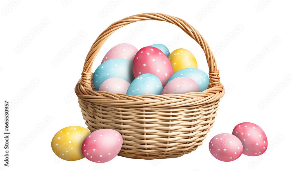 Easter eggs in a basket colorful dotted watercolor illustration isolated on transparent background cutout PNG
