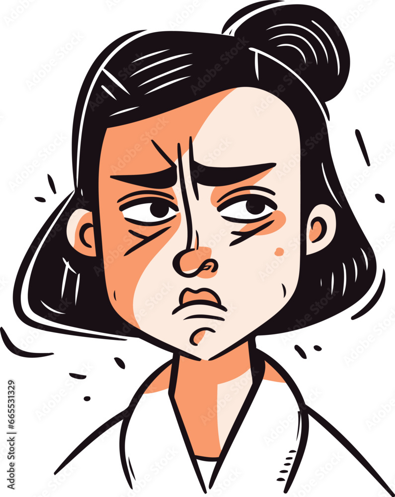 Sick woman with headache. Hand drawn vector illustration in cartoon style.