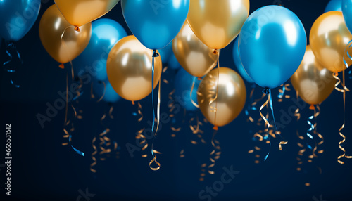 Blue and yellow balloons isolated on dark blue background, AI generative.