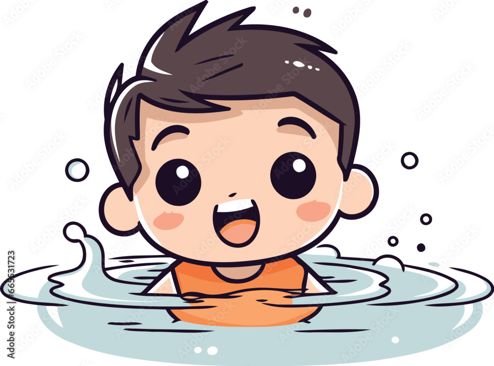 Cute little boy swimming in water. Vector cartoon character illustration.