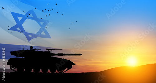 Photos Silhouette of army tank at sunset sky background with Israel flag