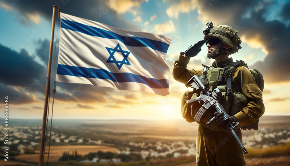 Obraz na płótnie Israeli Soldier in Military Special Forses Uniform, Army Saluting against the National flag over the desert of Qumran and the Hebrew, Star of David Patriotic Mossad Veteran, armed forces of Israel w salonie