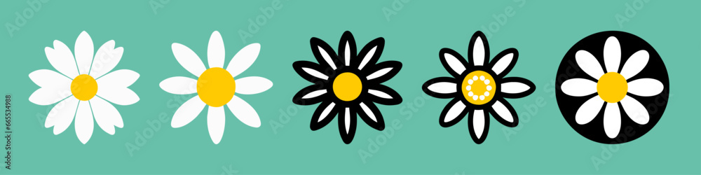 Camomile icon set. White daisy chamomile. Cute round flower plant collection. Growing concept. Love card symbol. Flat design. Green background. Isolated Camomile icon set. White daisy chamomile. Cute round flower plant collection. Growing concept. Love card symbol. Flat design. Green background. Isolated