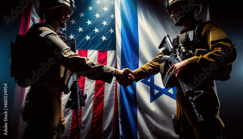 Israeli and American soldiers handshake Against National Flags background wave with pride, showing the unity between the two nations. Full Battle Gear and Guns, Brotherhood International Cooperation