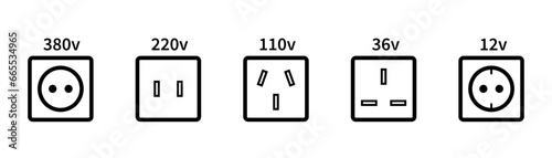 Power socket icon. Electrical outlet symbol. Voltage sign 12V, 36V, 110V, 220V, 380V in vector flat style eps10 photo