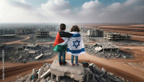 Israel vs Palestine War Conflict. Children of Hope, Boy and Girl Covered in National Flags with Ruined City Desert Landscape. Stop War and Peace Agreement Unity Concept, Gaza Historical Struggles