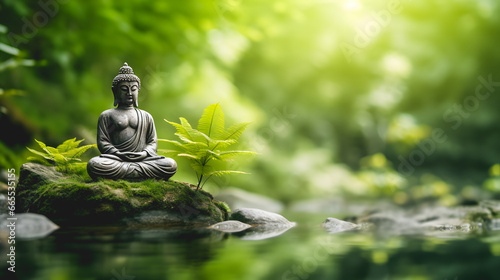 Gros plan sur une statue style bouddha assise en méditation dans une rivière. En arrière plan, une forêt. photo