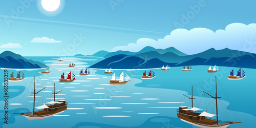 Illustration of scenic view with phinisi ship sailing on the ocean. Summer background with landscape blue sea on a sunny day and hills. photo