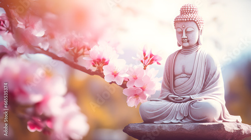 Une statue style bouddha assise en méditation dans un jardin avec des fleurs. photo