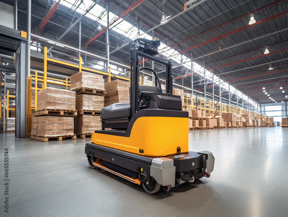 Automated guided vehicle in warehouse storage. Smart transportation for industry.