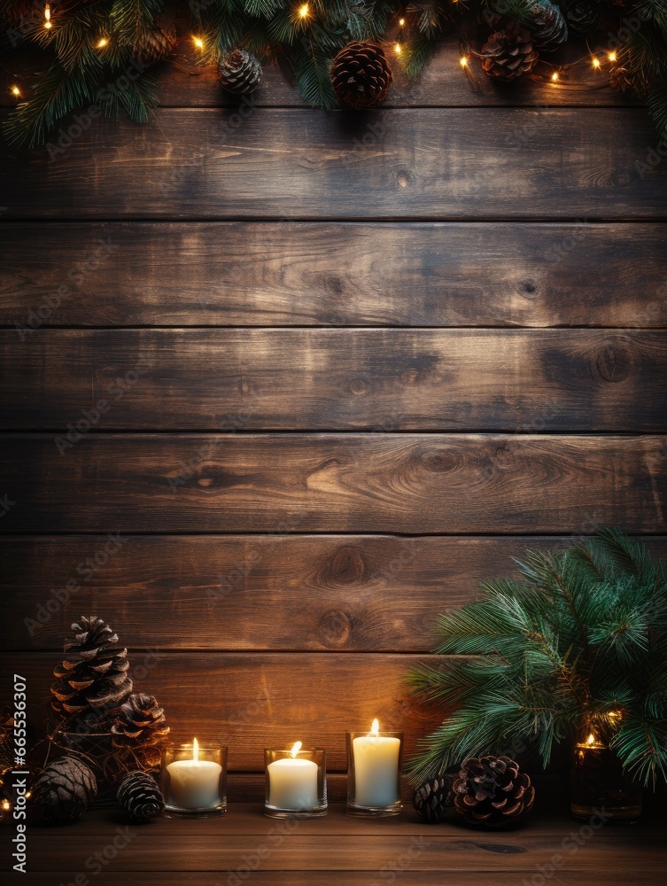 grunge wooden background with candles and christmas decoration. perfect background for your text or picture. more christmas backgrounds in my gallery. - obrazy, fototapety, plakaty 