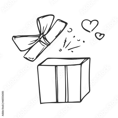 Gift box illustration. An open gift. Surprise. Hand drawing doodle. Nice, funny drawing. Black and white drawing. Vector. Icon.