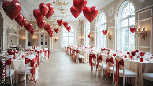 3D rendering of a hall decorated for Valentine's Day, Wedding or Christmas with red hearts and candles. Generative AI technology.
