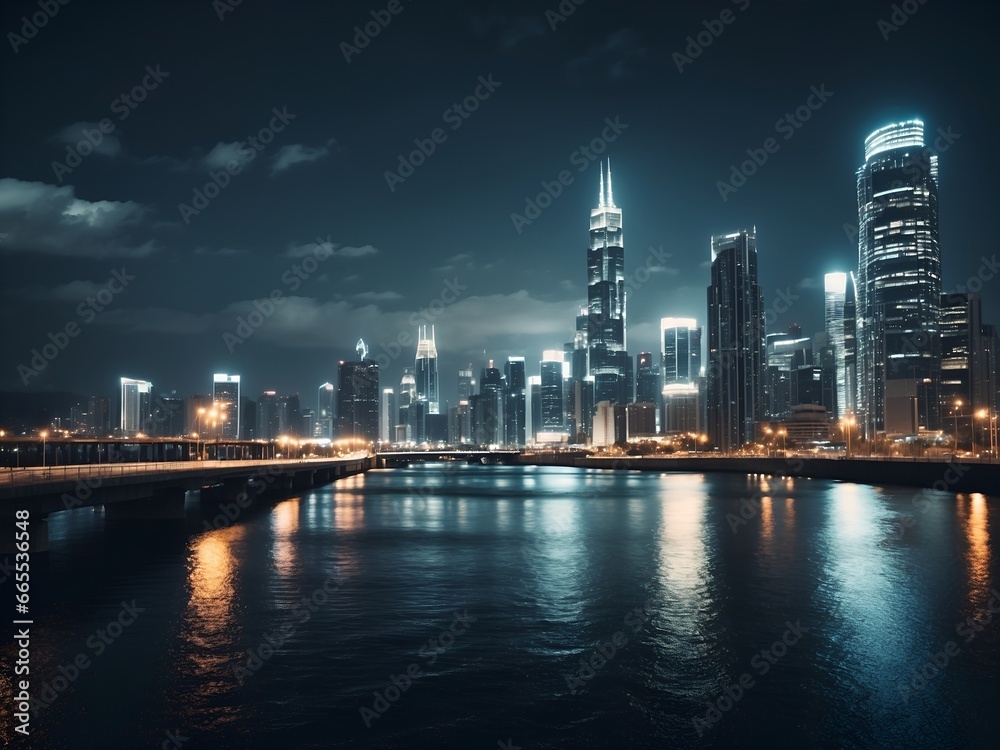 Eine Stadt bei Nacht langzeitbeleuchtet, sehr viele Lichter, ein Fluss, Spiegelungen und Hochhäuser