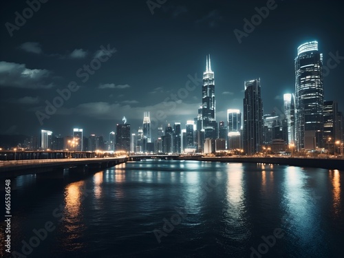 Eine Stadt bei Nacht langzeitbeleuchtet  sehr viele Lichter  ein Fluss  Spiegelungen und Hochh  user