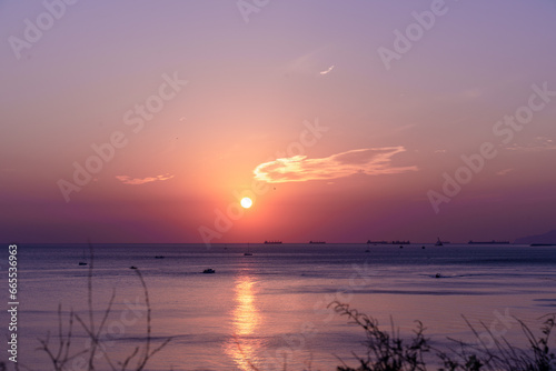 Defocused abstract background of swamp and sunset. High quality photo