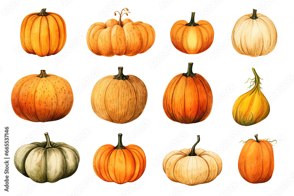 A set of Halloween and Thanksgiving pumpkins isolated on a white or transparent background, painted in watercolor vector illustration art, PNG. A set of Halloween and Thanksgiving pumpkins isolated on a white or transparent background, painted in watercolor vector illustration art, PNG.