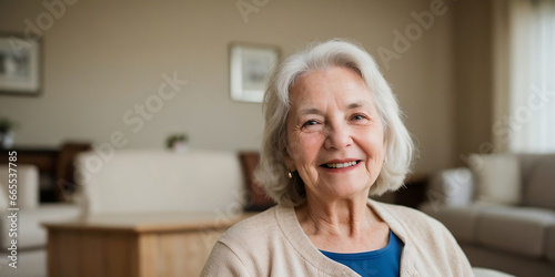 Happy senior woman at home, Happiness concept, beautiful living room background with copy space