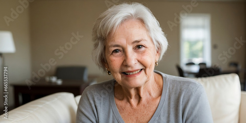 Happy senior woman at home, Happiness concept, beautiful living room background with copy space