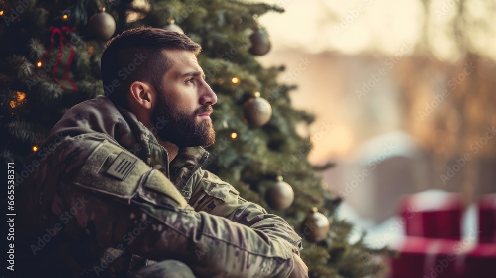 Contemplative Soldier Ponders Christmas on Duty near Festive Tree