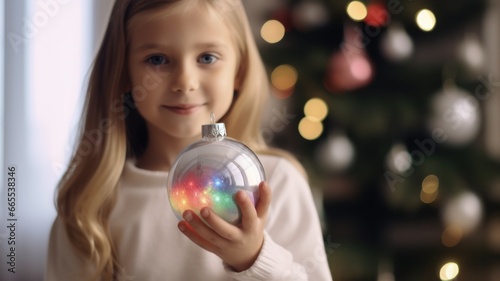 Colorful Festive Fun: Child Holding Rainbow Christmas Ornament by Tree