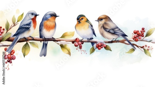 Cute Christmas Robins on Berry Branch: Watercolor Border for Invitations and Cards © Sandris_ua