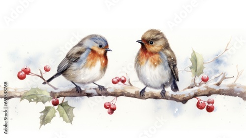Cute Christmas Robins perched on Berry-Laden Branch â€“ a Beautiful Watercolor Wildlife Card for Seasonal Greetings and Garden Invitations