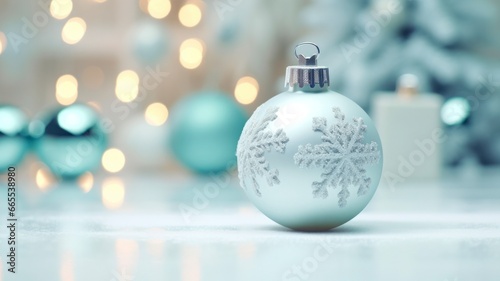 Elegant and Clean White Christmas Decorations on Minimalistic Petrol Background for a Festive Holiday Ambience.
