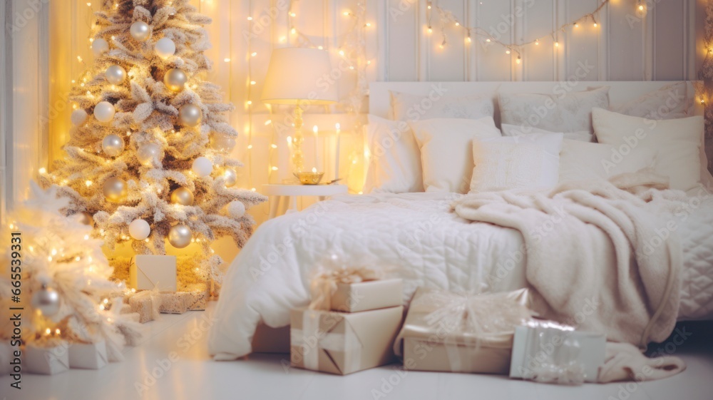 Festive Christmas Bed with White Decor and Tree for a Holiday Wedding