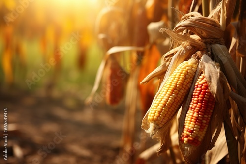 Photo of yellow corns with the kernels attached to the cob in organic corn field background  made with AI Generated photo