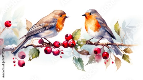 Festive Fauna: Watercolor Wildlife on Winter Branch for Christmas and Autumn Cards and Invitations