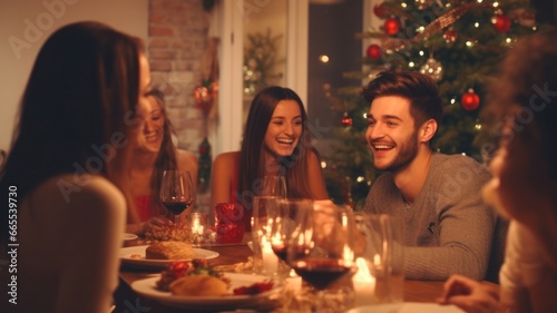 Festive Friends Gather for a Joyous Christmas and Thanksgiving Dinner at Home in the Evening