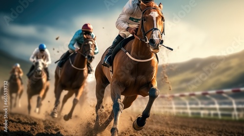 Horse racing, Horses and jockeys battling on the race track. photo