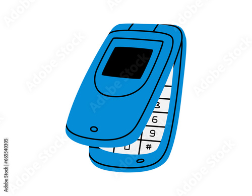 Hand drawn cute cartoon illustration of retro cell flip mobile phone. Flat vector old mobile telephone with buttons sticker in colored doodle style. Call device icon or print. Isolated on background.