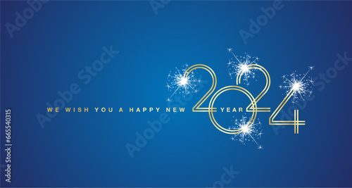 We wish You a Happy New Year 2024 new golden double line design numbers with white sparkle firework blue background greeting card