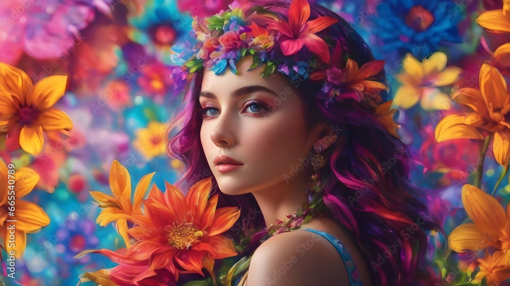 Woman with a flower around her body and face in a colorful background