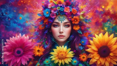 Woman with a flower around her body and face in a colorful background © adidesigner23