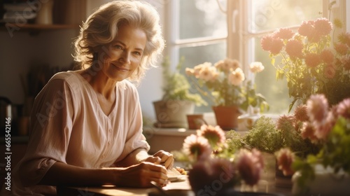 Happy middle aged woman sitting with flowers and plants in kitchen at home.
