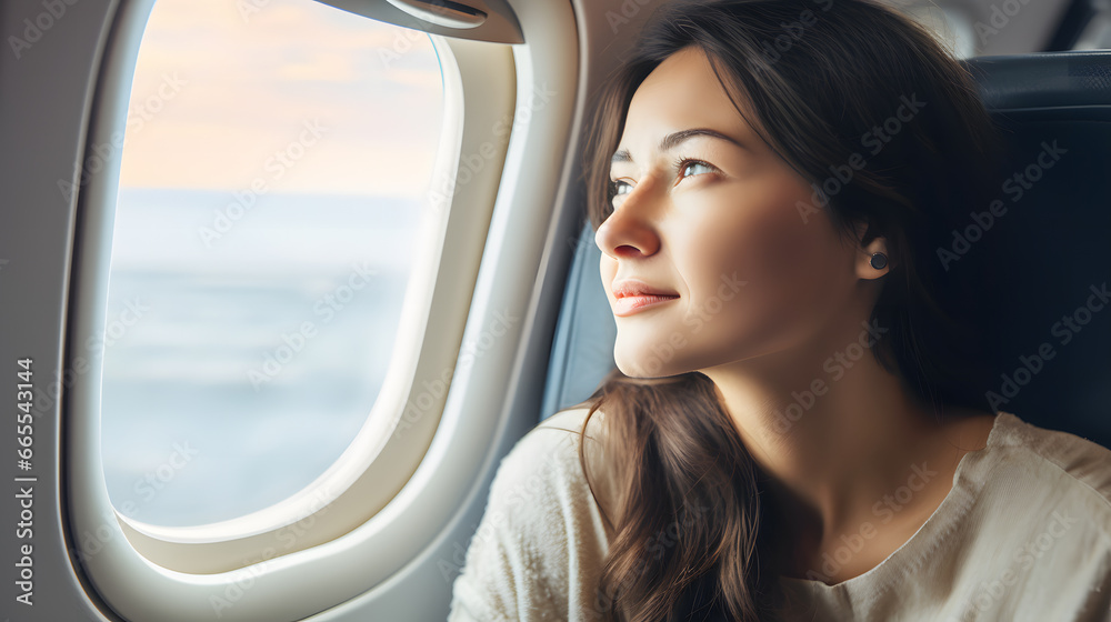 Une femme regardant le ciel depuis le hublot de l'avion - obrazy, fototapety, plakaty 