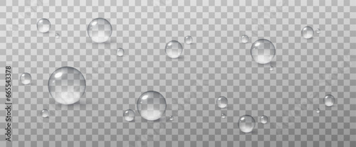 Realistic vector water drops png on a transparent light background. Water condensation on the surface with light reflection and realistic shadow. 3d vector illustration